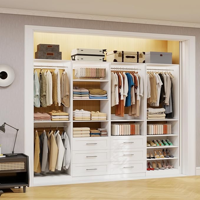 8FT Modular Closet System with 6 Drawers, Walk-in Closet Organizer System with 8 Expandable Hanging Rods & Adjustable Shelving Towers, Heavy Duty Wood Closet Storage for Bedroom, White(4 sets)