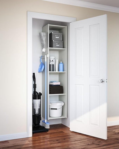 Easy Track 5 Shelf Wood Utility Mountable Home Closet Storage Tower Kit System with 5 Peg Rack, Bag Holder, and 2 Adjustable Shelves, Honey Blonde
