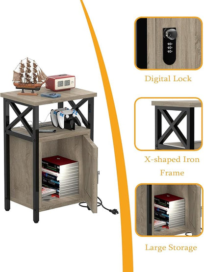 Wooden Nightstand with Lock, Bed Side Table with Drawers, Bedside Table with Charging Station, 3 USB & 2 Outlets, Night Stand with Cabinet, End Tables for Bedroom, Greige