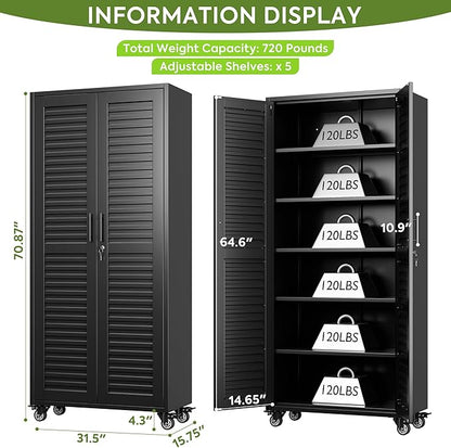 Garage Storage Cabinet with Wheels & Pegboard, Lockable Metal Storage Cabinet with Doors and 5 Adjustable Shelves for Garage, Home, Assembly Required, Black, 70.87" H x 31.5" W x 15.75" D