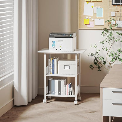 Printer Stand, 3-Tier Industrial Large Printer Table with Shelf, 23"x15" Mobile Heavy Duty Storage Rack on Wheels for Home Office Printer Fax Machine Scanner Copier, White