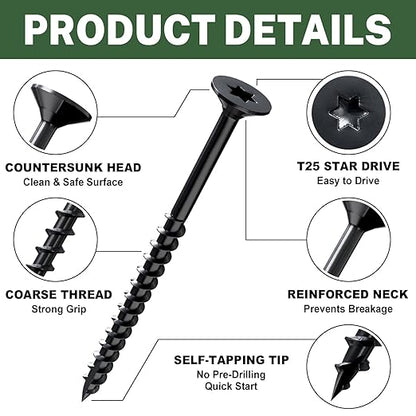 LIONMAX Deck Screws 3-1/2 Inch, Wood Screws #10 x 3-1/2", 50 PCS, Rust Resistant, Exterior Epoxy Coated, Outdoor Decking Screws, Torx/Star Drive Head Screw, T25 Star Bit Included, Black