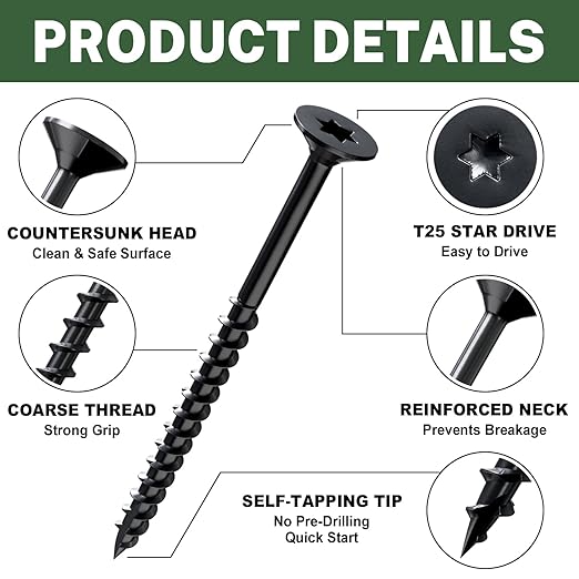 LIONMAX Deck Screws 3-1/2 Inch, Wood Screws #10 x 3-1/2", 100 PCS, Rust Resistant, Exterior Epoxy Coated, Outdoor Decking Screws, Torx/Star Drive Head Screw, T25 Star Bit Included, Black