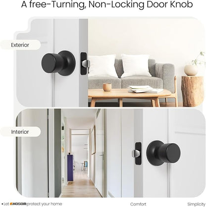 HOSOM Passage Door Knob, Matte Black Door Knobs Keyless Doorknobs for Interior Doors, Hallway, Closet and More, No Locking, 2 Pack