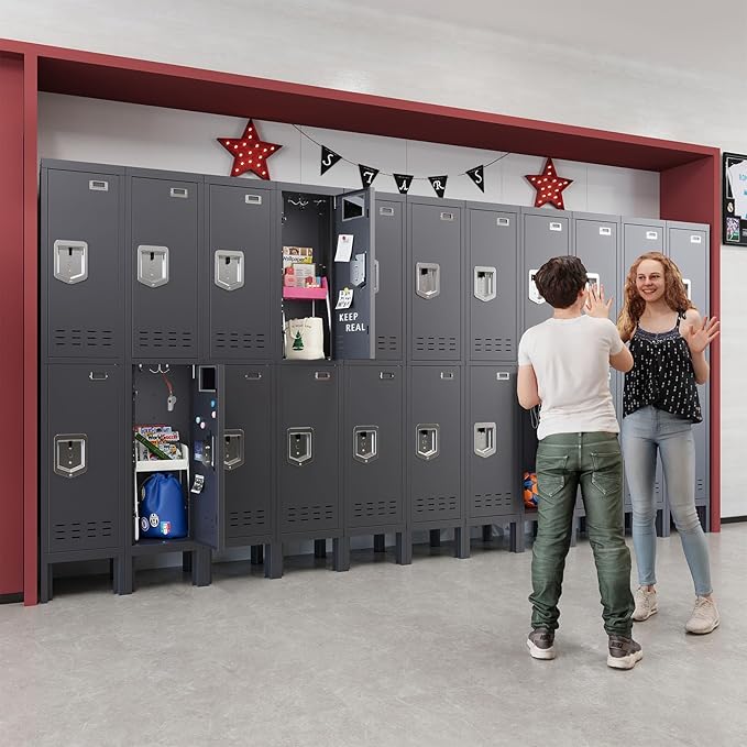 Metal Storage Locker with Lock & Card Slot Locker - Secure Lockable Door - Steel Locker for School, Office, Gym, Home - 66.15" H x 11.8" W x 11.8" D（2 Door, Grey）