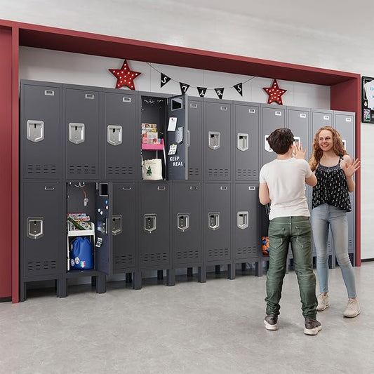 Metal Storage Locker with Lock & Card Slot Locker - Secure Lockable Door - Steel Locker for School, Office, Gym, Home - 66.15" H x 11.8" W x 11.8" D（2 Door, Grey）