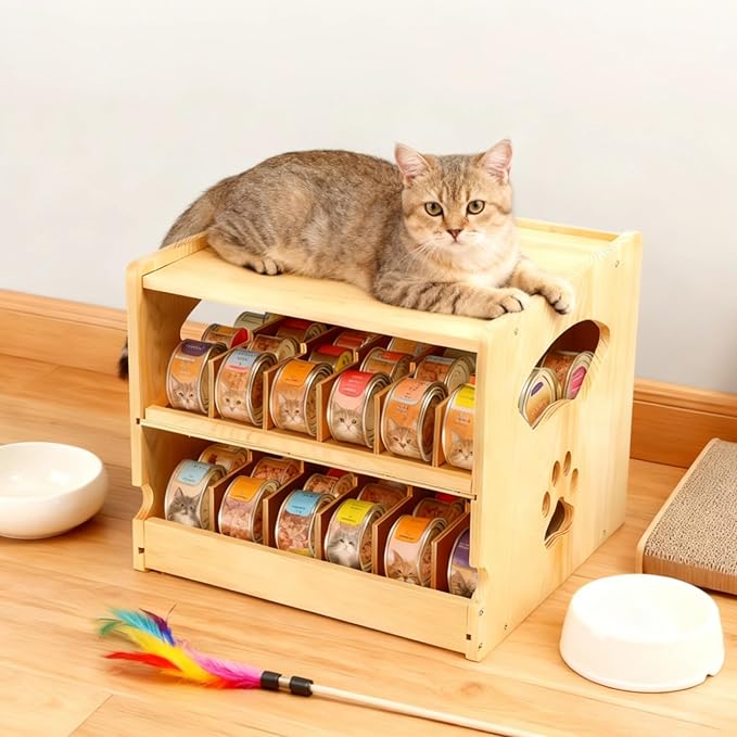 Cat Food Can Organizer, 2-Tier Stackable Pet Food Can Storage Rack with Paw Print, Space-Saving Pantry Organization, 12.2 x 11.2 x 10.6 in