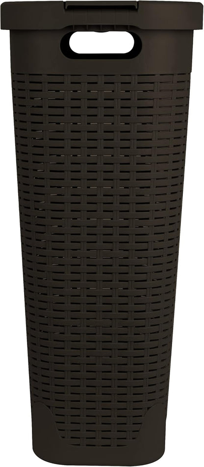 Mind Reader Slim Laundry Hamper with Lid, 40L Clothes Basket, Premium Wicker Design, Plastic, Brown
