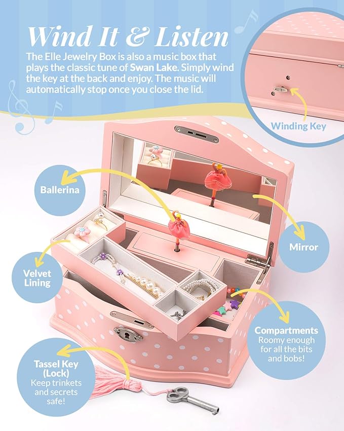 Elle Jewelry Box - Ballerina Jewelry Organizer and Swan Lake Wind-Up Music Box for Girls and Teens, Accessories and Keepsake Wooden Storage with Lock and Mirror, Charming Room Decor and Gift, Large
