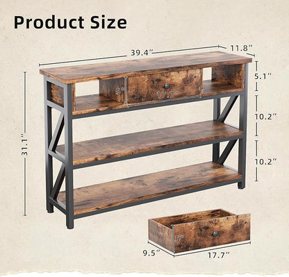 Mexin 39 Inch Console Sofa Table with Drawer, Entryway Table with Storage Shelves, Industrial Wood Hallway Table for Living Room Couch Foyer Kitchen Counter, Rustic Brown