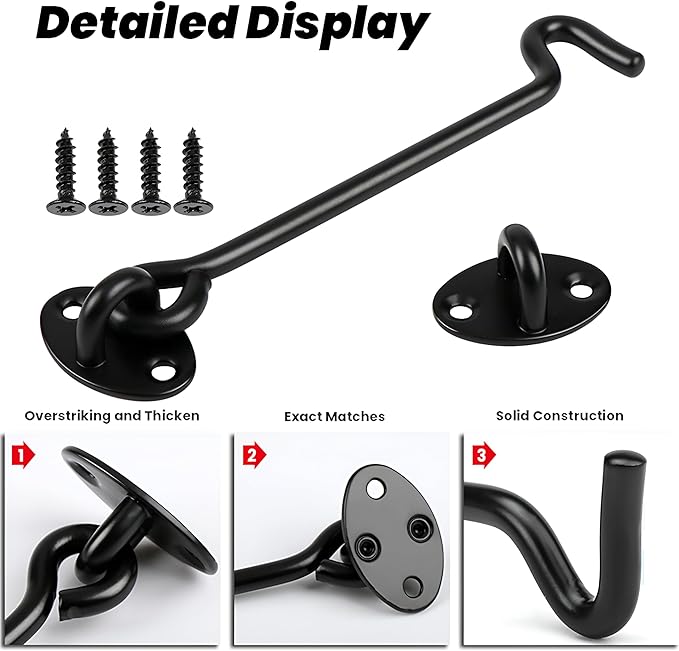 Aiptosy 2 Pack 6'' Door Latch Door Lock Hardware, 6'' Hook and Eye Gate Latch Easy Lock for Barn Door, Black Sliding Door Lock with Screws for Window, Cabin Hooks