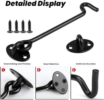 Aiptosy 2 Pack 6'' Door Latch Door Lock Hardware, 6'' Hook and Eye Gate Latch Easy Lock for Barn Door, Black Sliding Door Lock with Screws for Window, Cabin Hooks