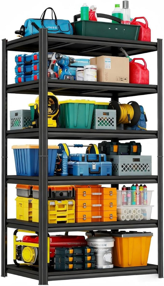 77" H*18" D Garage Storage Shelves, 6-Tier Metal Shelving Unit Heavy Duty Adjustable, 3600lbs Capacity, Storage Rack Organizer for Garage, Basement, Pantry & Warehouse, Black, 35.4" Wx17.7 Dx77.4 H