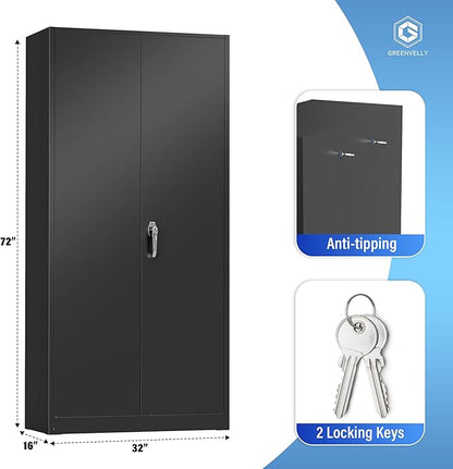 Greenvelly Metal Cabinet, 72" Black Locking Metal Storage Cabinet with 2 Doors and 4 Adjustable Shelves, Lockable Garage Storage Cabinets for Home Office, Garage, Kitchen, Living Room