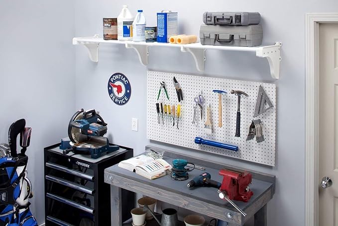 EZ Shelf-Expandable-Garage Shelf- -White- Easy to Install -Strong (up to 250 Lbs)- Wire Shelving Alternative –Wall Mounted Garage Shelf Organizer (White, 63.3"-120")