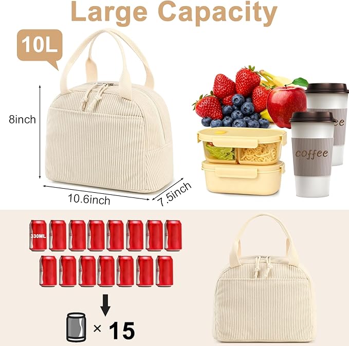 Bluboon Lunch Bag for Women Men Cute Corduroy Lunch Tote Bags Reusable Insulated Lunch Box Large Capacity Reusable Insulated Cooler for Work Picnic or Travel