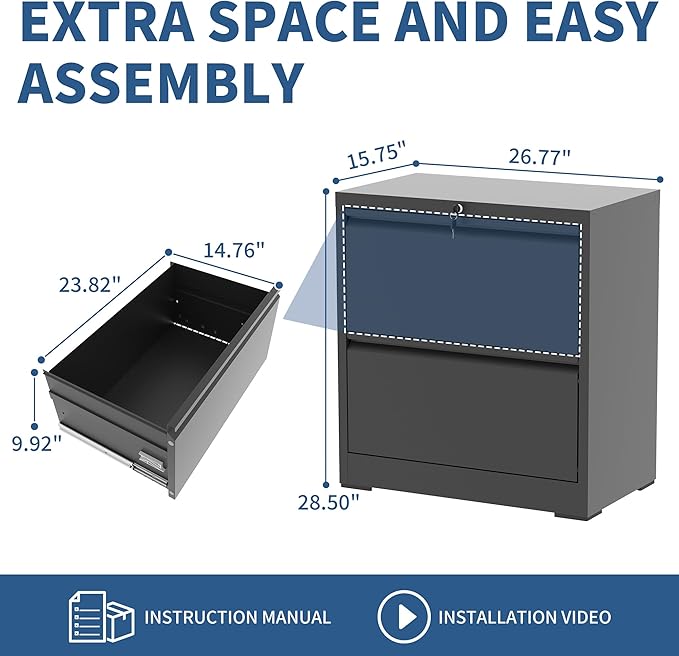 2-Drawer File Cabinet with Lock, Metal Lateral Filing Cabinets for Home Office, Heavy Duty Steel Horizontal Locking Office Storage Cabinet for Legal/Letter/A4 Size File, Assembly Required