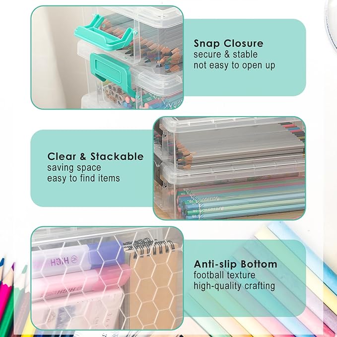BTSKY 6-Pack Large Stackable Pencil Boxes with Handles, Transparent Pencil Case with Latching Lids & Clasp, Plastic Pencil Box Stationery Organizer Box Ideal for Craft Pen Art Office Supply, Green