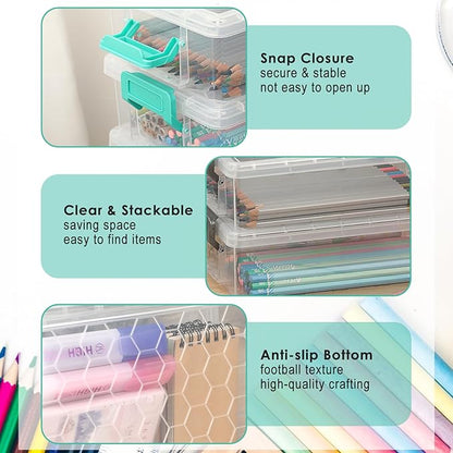 BTSKY 6-Pack Large Stackable Pencil Boxes with Handles, Transparent Pencil Case with Latching Lids & Clasp, Plastic Pencil Box Stationery Organizer Box Ideal for Craft Pen Art Office Supply, Green