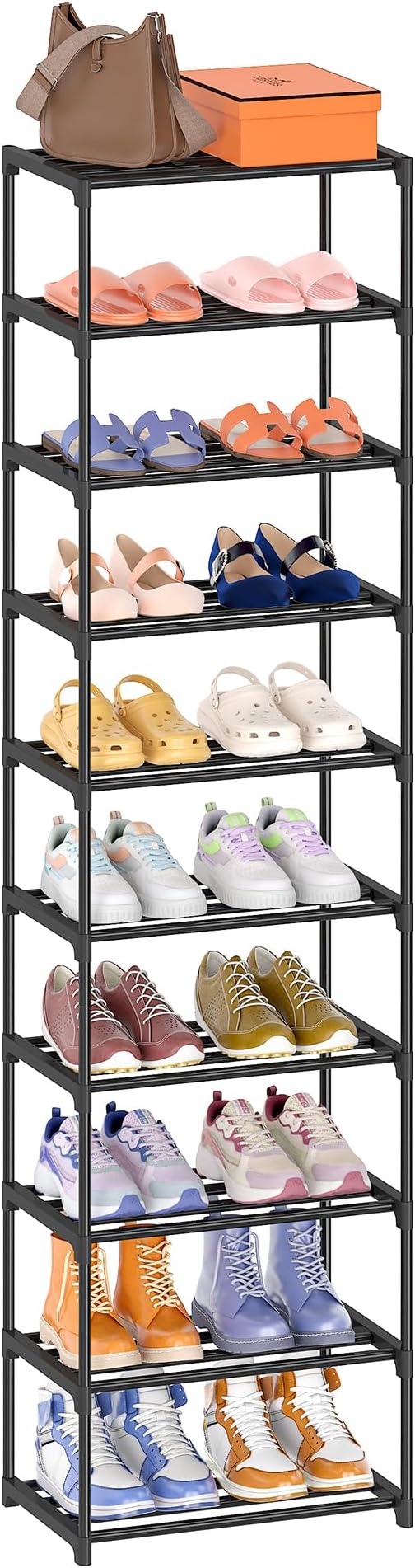 10 Tier Tall Shoe Rack, Narrow Lightweight Shoe Shelf, Compact Vertical Shoe Stand, Small Space Saving for Closet Floor, Dorm Storage Organizer, Front Door Entrance, Entryway