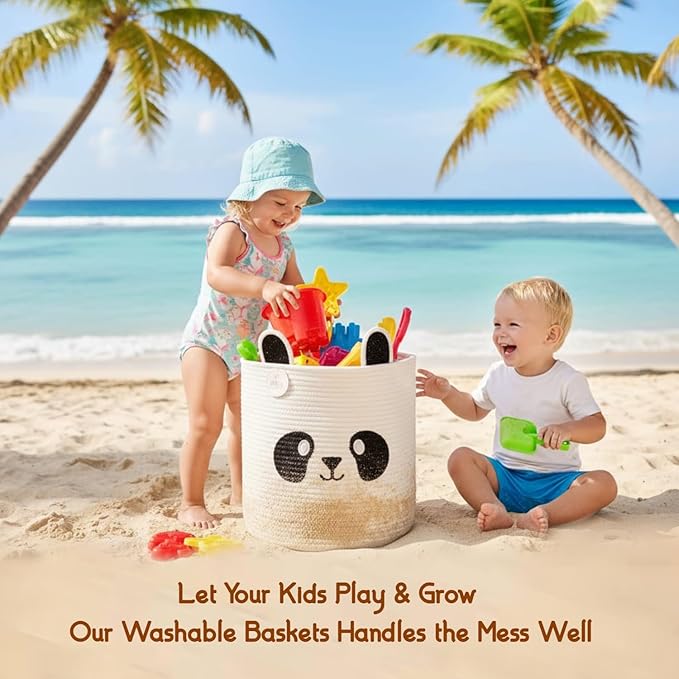 Collapsible Laundry Baskets for Kids & Toy Storage Organizer | Large Panda Woven Cotton Rope Bin for Stuffed Plushies | Cute Animal Face Hamper with Cutout Handles for Nursery, Playroom & more (Panda)
