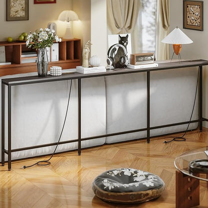 94.5" Behind Couch Table with 2 Fast Charging Stations, 7.1" Narrow Skinny Sofa Table with 4 Power Outlets, 4 USB-A, 2 USB-C for Console Entryway, Black Oak