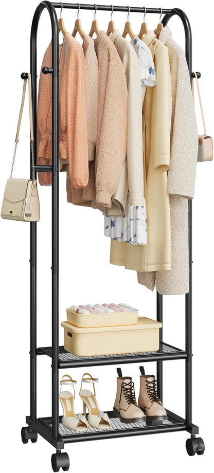 Clothes Rack - Space-Saving Clothing Rack with Wheels, 2-Tier Dense Mesh Shoe Shelves & 4 Hooks, Garment Rack for Bedroom, Entryway, Closet, 18.4" x 12.6" x 72", Black