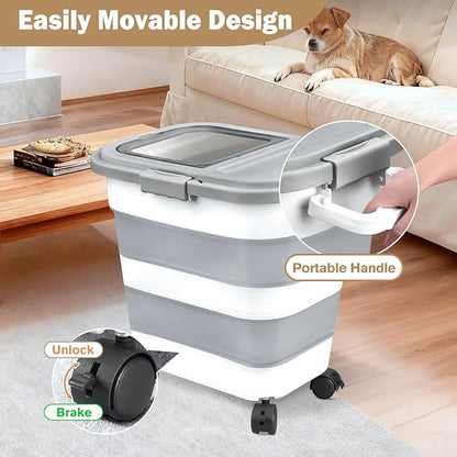Rice Storage Container, Collapsible Airtight 10-40 Lb Rice Storage Container, Pet Dog Food Storage Container 25lb, Rice Dispenser Bin with Cup and Scoop for Flour Cereal Pasta Grain, Cat Bird