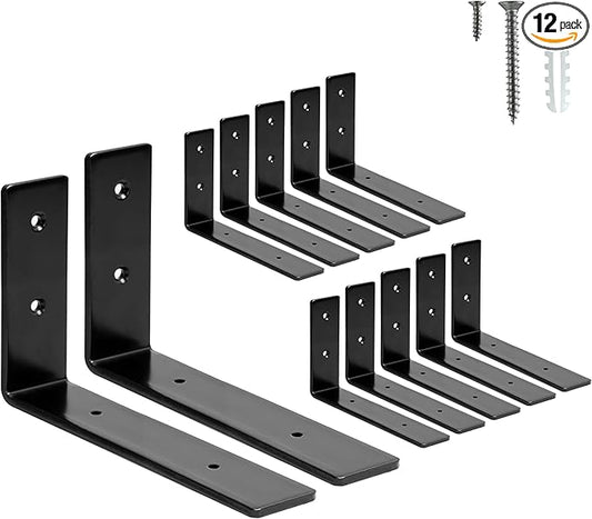 HEART ART 12 Pack Shelf Brackets 6 inch,L Brackets for Shelves,Black Heavy Duty Metal Shelf Brackets,6”x4”x1.4”