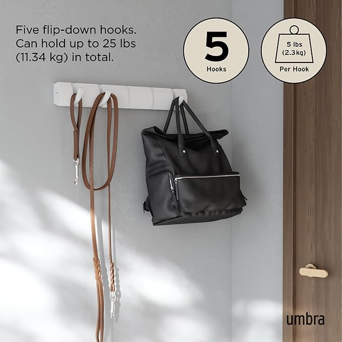 Umbra Flip Wall-Mounted Coat Rack with 5 Hooks – Modern, Space-Saving Storage for Hats, Jackets, Bags, Entryway, Mudroom, Closet, Bathroom, Bedroom – White/White