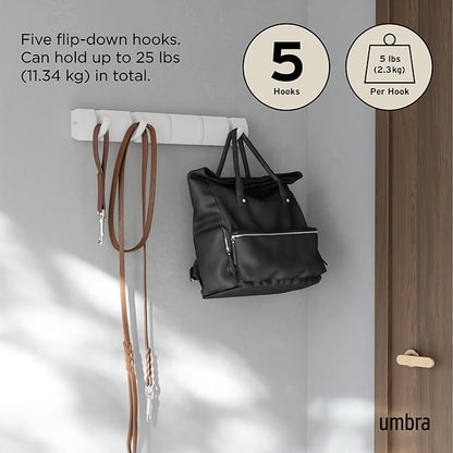 Umbra Flip Wall-Mounted Coat Rack with 5 Hooks – Modern, Space-Saving Storage for Hats, Jackets, Bags, Entryway, Mudroom, Closet, Bathroom, Bedroom – White/White