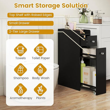 Tangkula Slim Bathroom Storage Cabinet, 4-Tier Narrow Small Side Storage Cabinet Next to Toilet, Slide Out Drawers on Casters, Bathroom Floor Organizer Toilet Paper Holder for Small Spaces (Black)