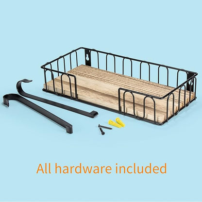 TJ.MOREE Ironing Board Hanger Metal Wall Mount Iron and Ironing Board Holder, Laundry Room Decor and Storage with Large Storage Black Wooden Base Basket and Removable Hooks