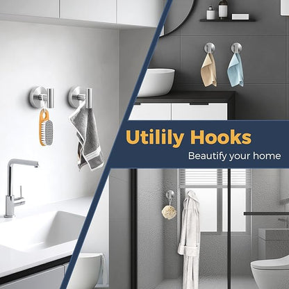 Heavy Duty Suction Cup Hooks for Glass Window,Tile,Mirror,Removable Shower Hooks for Inside Shower,Metal Towel Hooks for Bathroom,4 Pack(Silver)