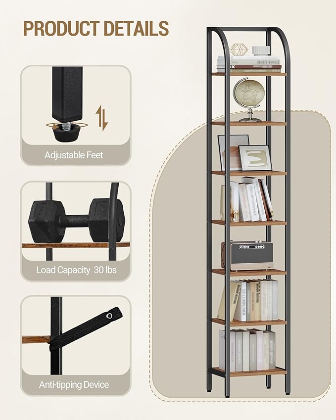 Bookshelf Narrow Bookcase, Tall Storage Rack with Steel Frame, Display Standing Shelf Unit, Skinny Book Shelf for Study Living Room, Home Office, Industrial, 7-Tier Rustic Brown BC57701B