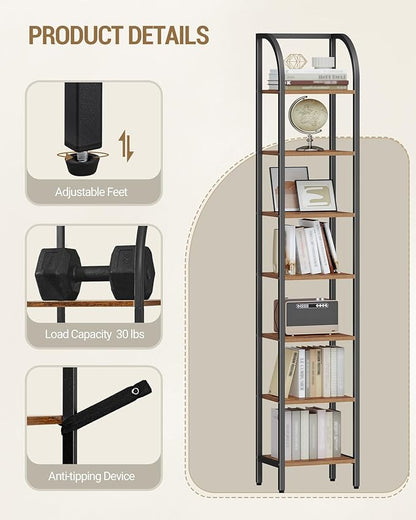 Bookshelf Narrow Bookcase, Tall Storage Rack with Steel Frame, Display Standing Shelf Unit, Skinny Book Shelf for Study Living Room, Home Office, Industrial, 7-Tier Rustic Brown BC57701B