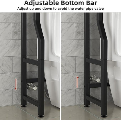 3 Tier Over The Toilet Storage Rack with Toilet Paper Holder, Metal Freestanding Bathroom Shelves with 4 Hooks, Over Toilet Storage Shelf for Bathroom Storage, Black