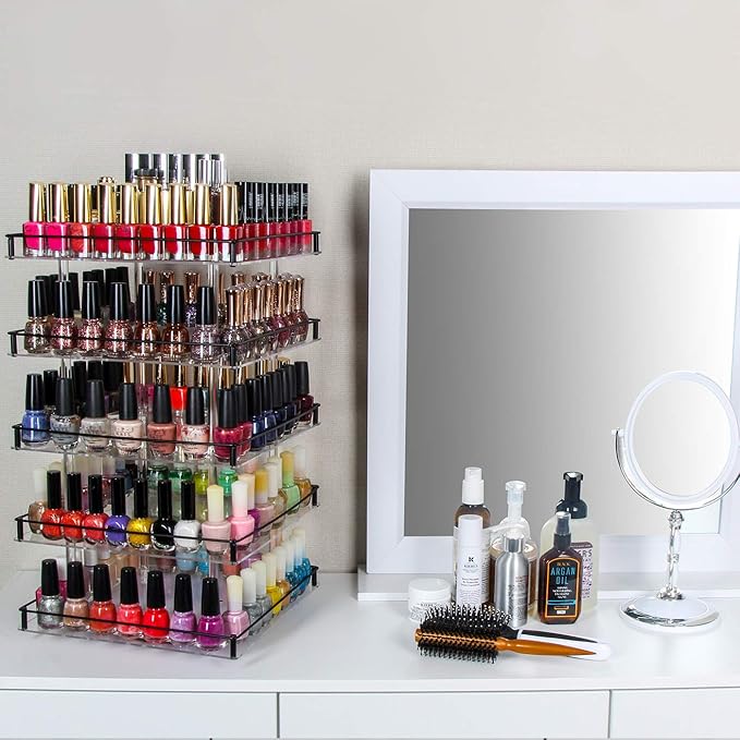 J JACKCUBE DESIGN Nail Polish Organizer, 5 Tier Acrylic 360 Rotating Display Rack Stand Makeup Cosmetics Storage Box Carousel Shelf with Black Iron Guard, Hold Up to 310 – MK302-5