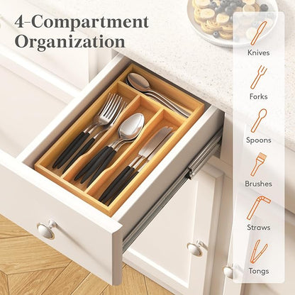 Lifewit Silverware Drawer Organizer, Utensil Tray for Kitchen, Flatware and Cutlery Holder, Storage for Spoons Forks Knives, 6.7 x 12", Natural