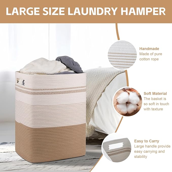 Laundry Basket, Large Woven Rope Tall Laundry Basket with Handles, Decorative Storage Basket for Clothes and Blankets in Living room, Bedroom