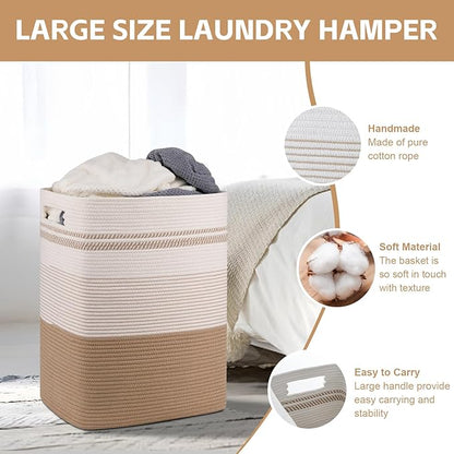 Laundry Basket, Large Woven Rope Tall Laundry Basket with Handles, Decorative Storage Basket for Clothes and Blankets in Living room, Bedroom