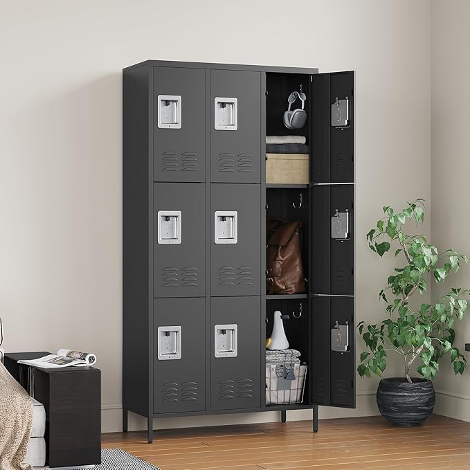 Letaya Metal Lockers for Employees-9 Door Storage Locker with Shelves and Lockable Steel Cabinet for School,Gym,Office,Staff(Black, 9 Door)