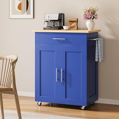 Kitchen Island Cart with Storage, Small Kitchen Island on Wheels with Large Drawer, Adjustable Shelf & Towel Rack, Rolling Island Table for Kitchen & Dining Room, Blue