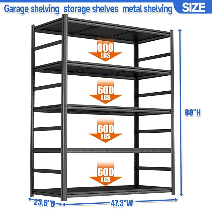 88"H Garage Shelving Heavy Duty 3000LBS Storage Shelves Metal Shelving Unit 5 Tier Adjustable Storage Rack and Shelving for Basement, Warehouse, Pantry, Closet, Kitchen 47.2"W × 23.6"D × 88"H