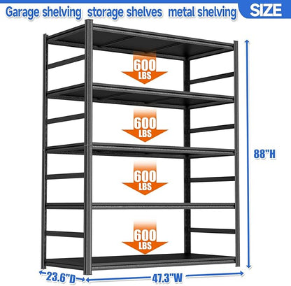 88"H Garage Shelving Heavy Duty 3000LBS Storage Shelves Metal Shelving Unit 5 Tier Adjustable Storage Rack and Shelving for Basement, Warehouse, Pantry, Closet, Kitchen 47.2"W × 23.6"D × 88"H