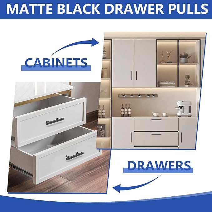 60Pack Matte Black Cabinet Handles, 3''Hole Centers Kitchen Drawer Pulls, Stainless Steel Dresser Hardware for Kitchen Bathroom Bedroom - 5''Overall Length