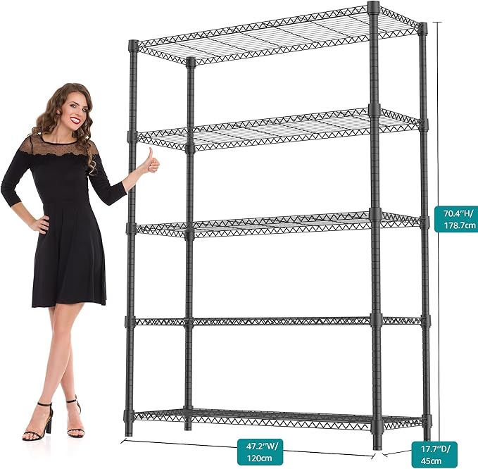 1750LBS 47.2" W 5 Tiers Shelf Steel Storage Shelves Shelving Unit Steel Organizer Wire Rack for Home,Kitchen,Office,Garage Black 17.7" D x 47.2" W x 72.4" H