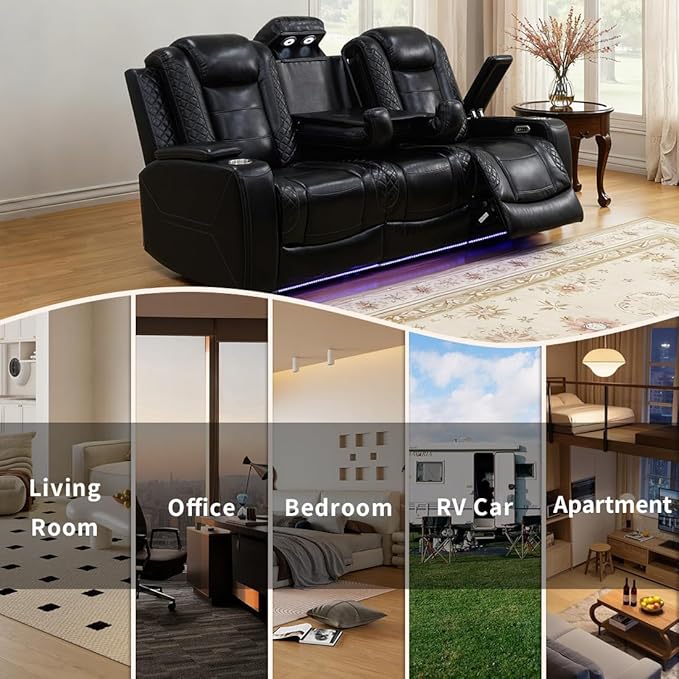 Living Room Furniture Set, Power Reclining Sofa Set, Black Leather 3-Seated Recliner Couch with Drop-Down Table, Recliner Sofa with Storage Console/Cup Holder for Living Room/Apt/Office