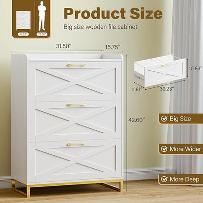 File Cabinet 3 Drawers Lateral File Cabinet with Charging Station for Letter/Legal/A4 Size Hanging Files, Large Wood File Storage Cabinets Printer Stand for Home Office, White and Gold