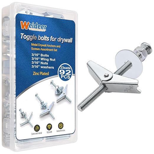 weideer 92Pcs Toggle Bolts 3/16" Heavy Duty Drywall Anchors and Screws Assortment Set Toggle Bolts and Wing Nut Kit with Nuts washers (23sets)